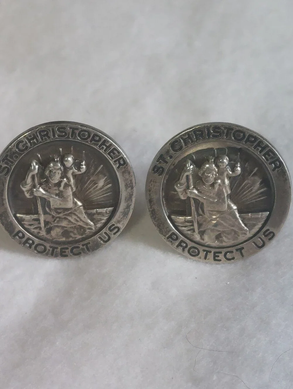 Vintage Sterling Silver St. Christopher Protect Us Cufflinks 1